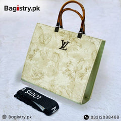 Branded Handbag With Arcylic Handle & Long Brand Embossing Belt
